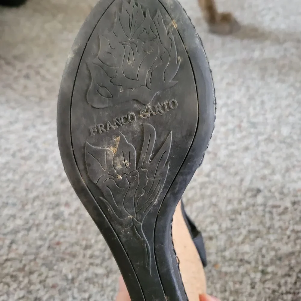 Franco Sarto Shantelle Black Leather & Cork Wedge Sandals Size 9